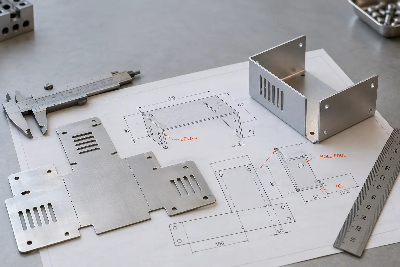 Engineer’s desk with a sheet metal enclosure drawing, flat pattern, and DFM review annotations for manufacturability