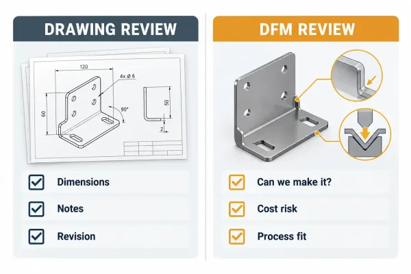 Side-by-side diagram comparing drawing review completeness checks with DFM review manufacturability checks