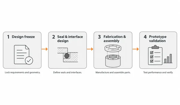 Diagram of IP enclosure prototype lead time as four sequential stages: design freeze, seal design, fabrication, and validation