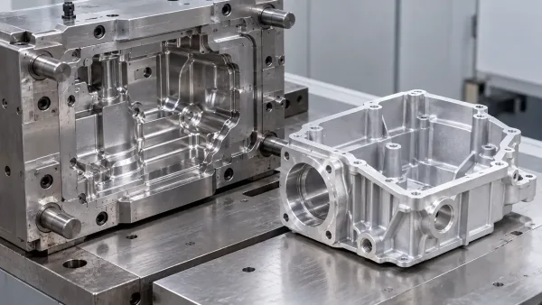 Steel die casting mold and a cast aluminum part with secondary machining marks on mounting faces
