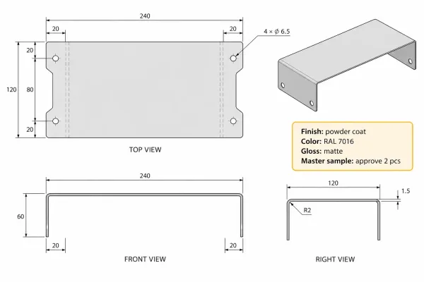 Engineering drawing excerpt with a color and finish callout for a sheet metal cover