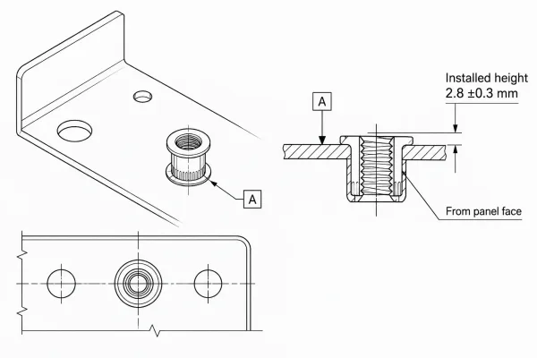 Engineering drawing callout for rivet nut installed height tolerance