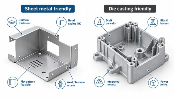 Comparison of sheet metal friendly part features and die casting friendly part features with short labels