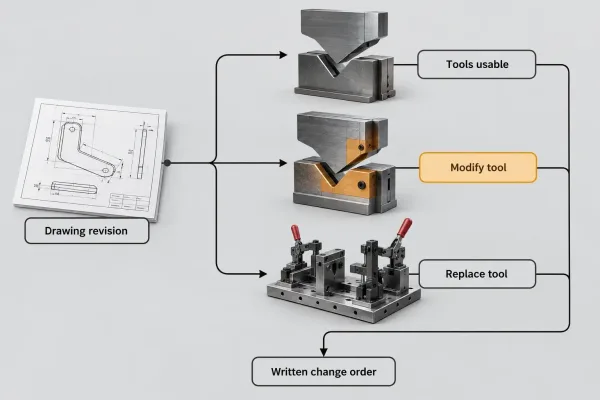 Decision flowchart for how a drawing revision affects existing enclosure tooling: usable as-is, modify, or replace
