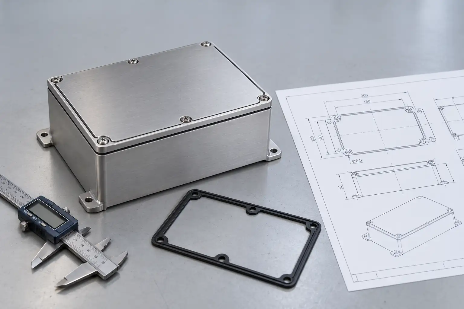 Sheet metal IP-rated enclosure prototype with gasket seal on a clean workbench next to a folded drawing