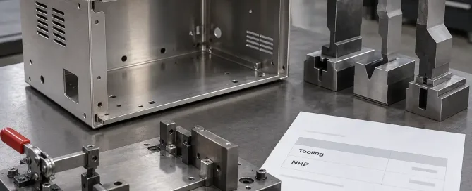 Sheet metal enclosure shell with press brake tooling, weld fixture, and an itemized tooling and NRE quote on a workbench