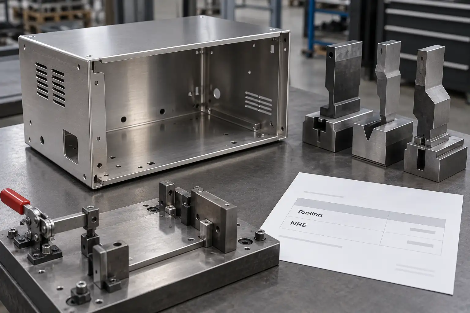 Sheet metal enclosure shell with press brake tooling, weld fixture, and an itemized tooling and NRE quote on a workbench