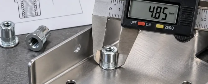 Caliper measuring rivet nut installation height on a sheet metal panel