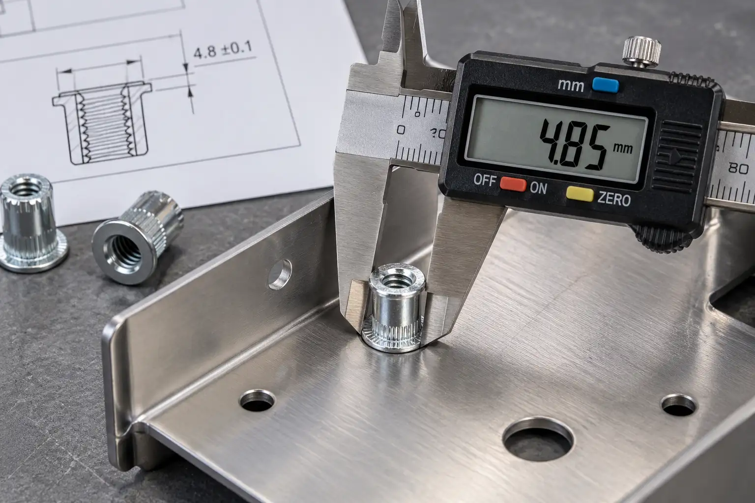 Caliper measuring rivet nut installation height on a sheet metal panel