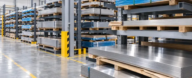Sheet metal stock stacked on warehouse racks under controlled humidity storage
