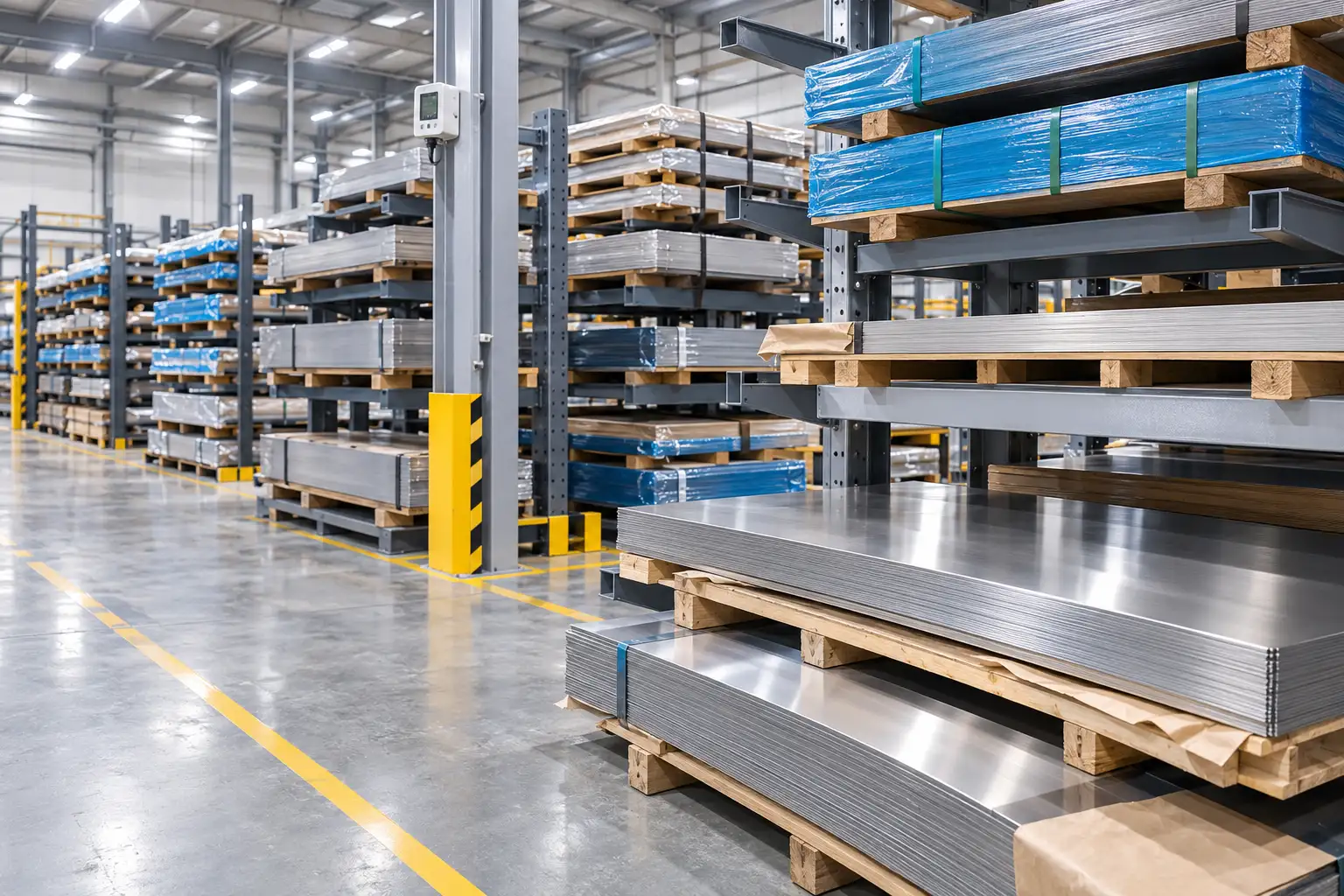 Sheet metal stock stacked on warehouse racks under controlled humidity storage