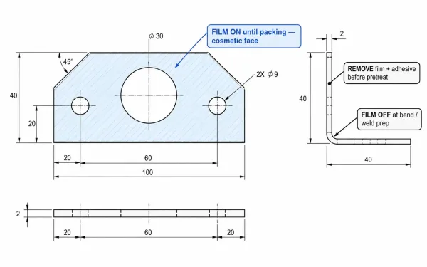 Engineering drawing snippet with film status callouts for cosmetic bend and coating zones