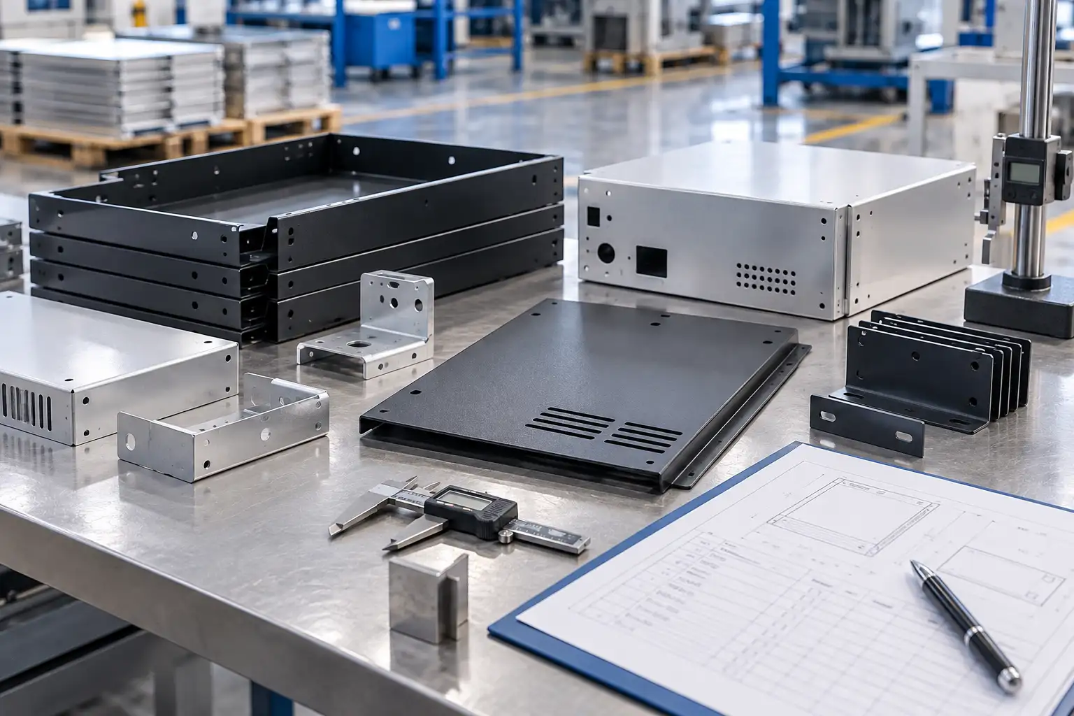 Finished sheet metal enclosures on an inspection table with calipers and a release checklist before packing