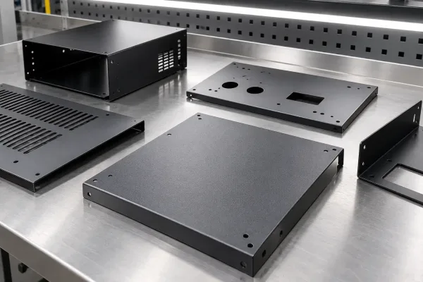 Powder-coated sheet metal enclosure panels under inspection light for coating and surface defects