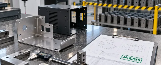 Sheet metal first article on a CMM table with a stamped approval report ready for production release