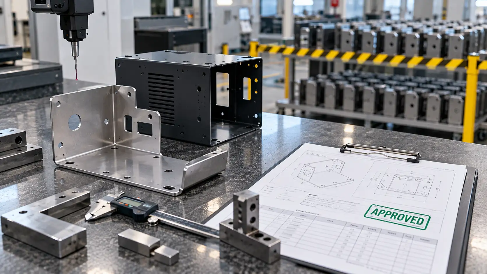 Sheet metal first article on a CMM table with a stamped approval report ready for production release