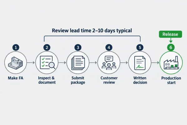 Lead time timeline from first article manufacture through report submission and written approval to volume production start