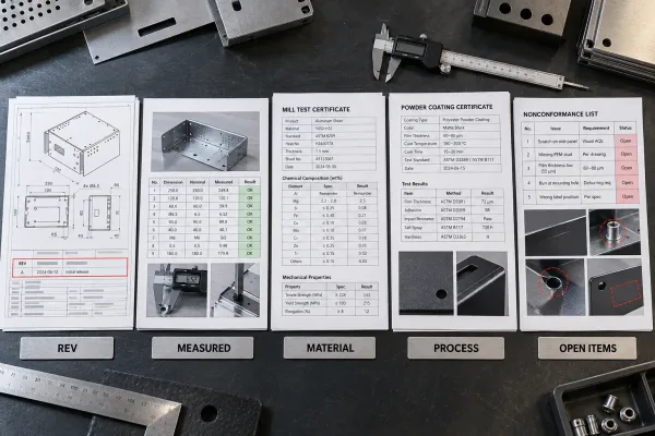 Flat-lay of documents in a first article approval package including drawing revision, measured report, material certificate, and open items list