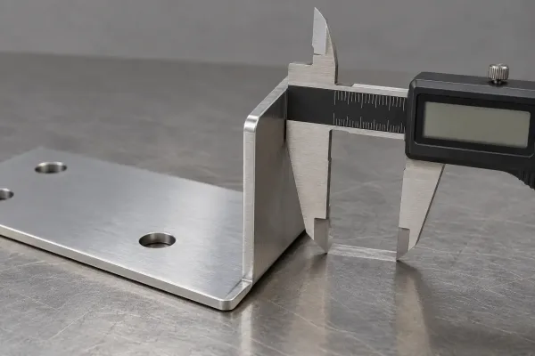 Digital caliper measuring a bent sheet metal flange for first-article inspection