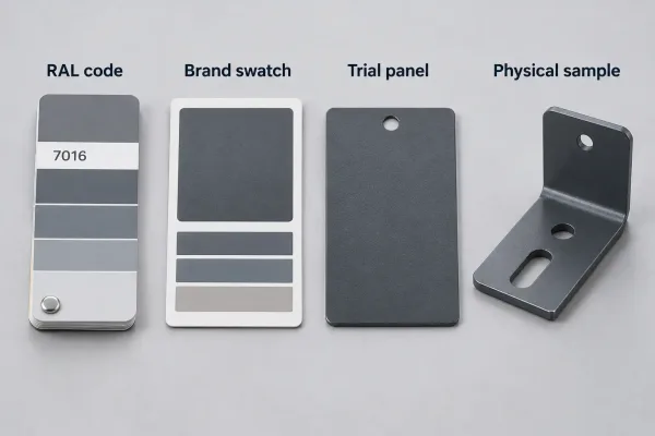 Four color reference types for manufacturing: RAL-style card, brand swatch, coated sample panel, and finished part sample