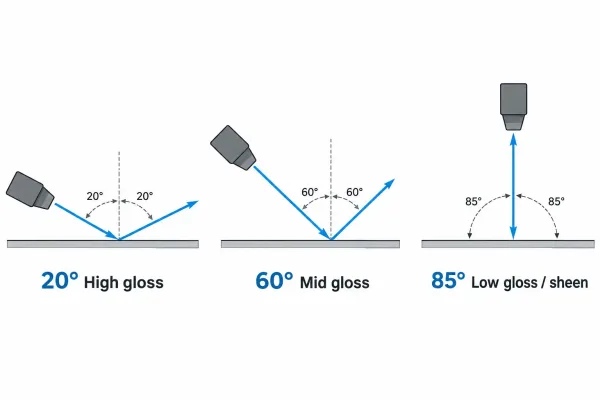 Diagram of 20, 60, and 85 degree gloss measurement angles
