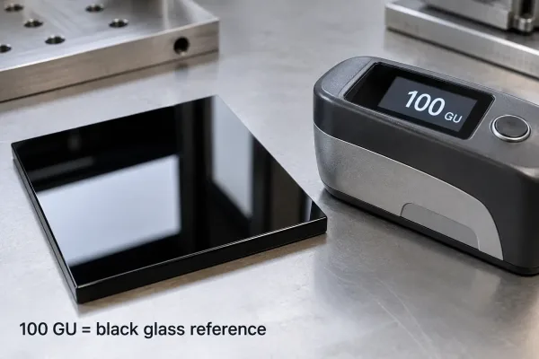 Gloss unit scale calibrated from polished black glass at 100 GU