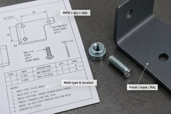 Drawing callouts for sheet metal hardware inserts, weld type and location, and finish masking with sample fasteners and coated part