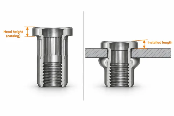 Diagram comparing rivet nut head height and installed length