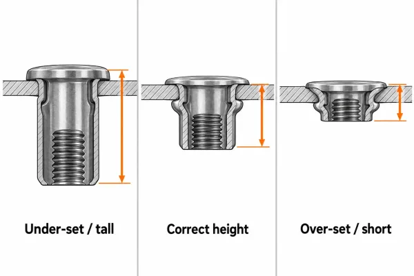 Comparison of under-set correct and over-set rivet nut installation heights