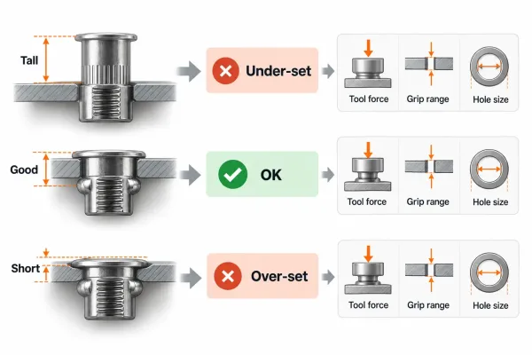 Flow diagram mapping rivet nut height readings to likely process causes