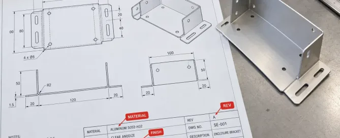 2D sheet metal fabrication drawing with revision, material, tolerance, and finish review callouts next to a bent metal part