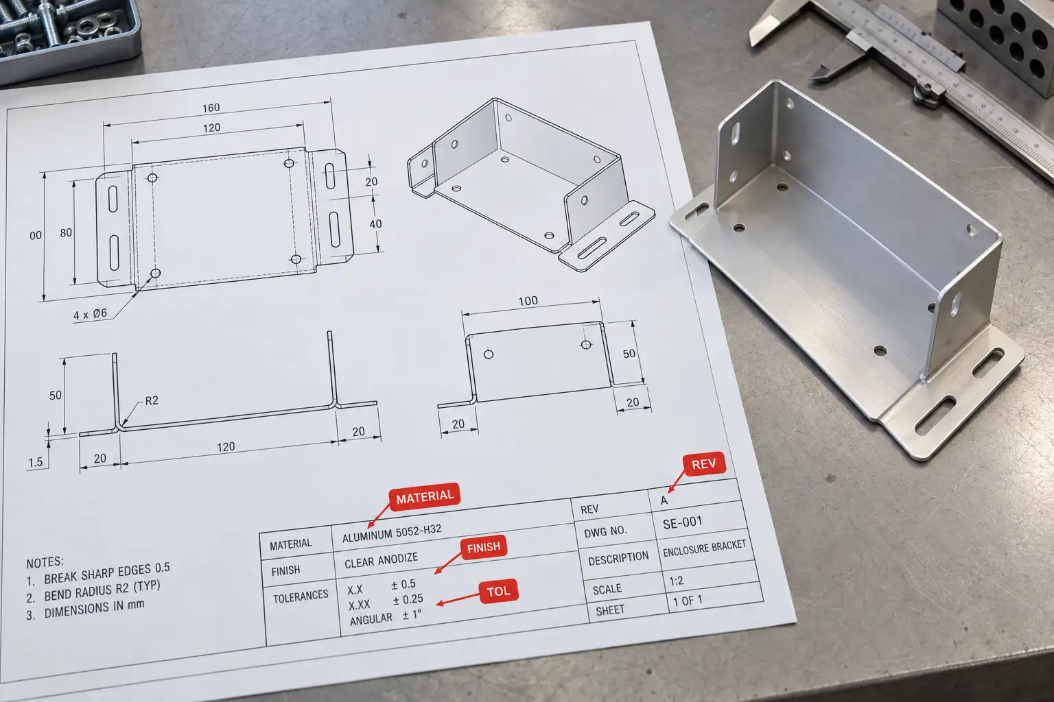 2D sheet metal fabrication drawing with revision, material, tolerance, and finish review callouts next to a bent metal part