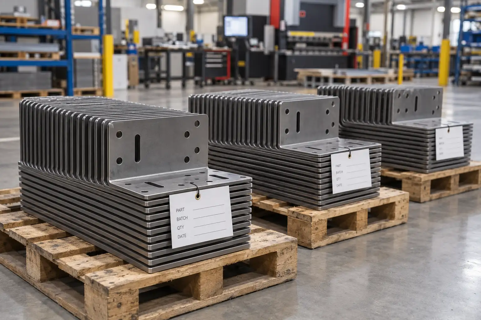 Neatly stacked batches of laser-cut sheet metal brackets ready for shipment
