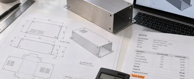 Engineer desk with sheet metal enclosure drawings, CAD screen, and quote cost notes before RFQ