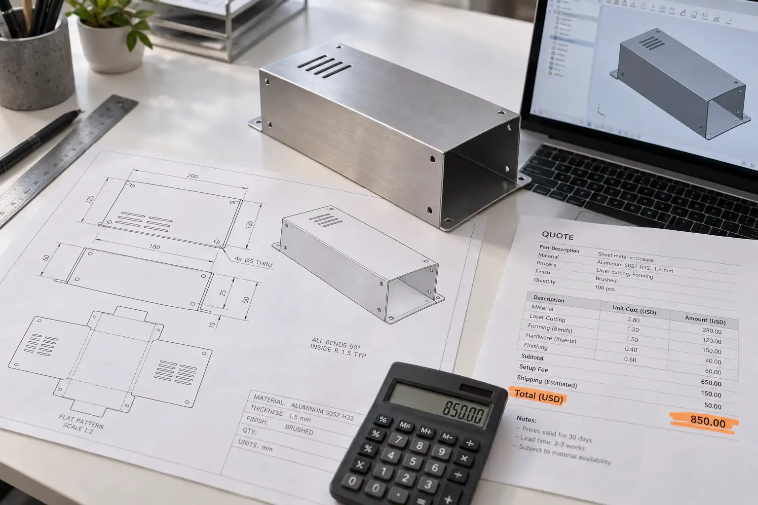 Engineer desk with sheet metal enclosure drawings, CAD screen, and quote cost notes before RFQ