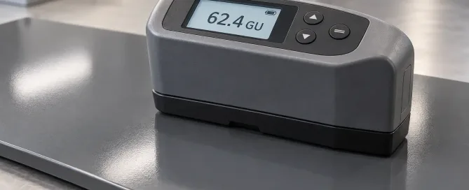 Gloss meter measuring gloss units on a powder-coated sheet metal panel