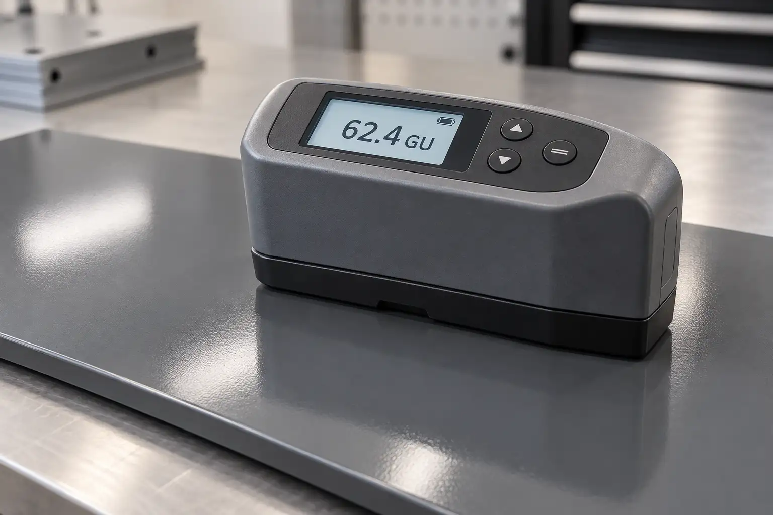 Gloss meter measuring gloss units on a powder-coated sheet metal panel