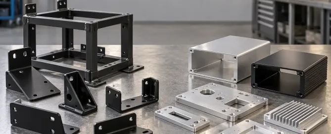 Powder-coated steel brackets next to anodized aluminum parts on a sheet metal fabrication workbench