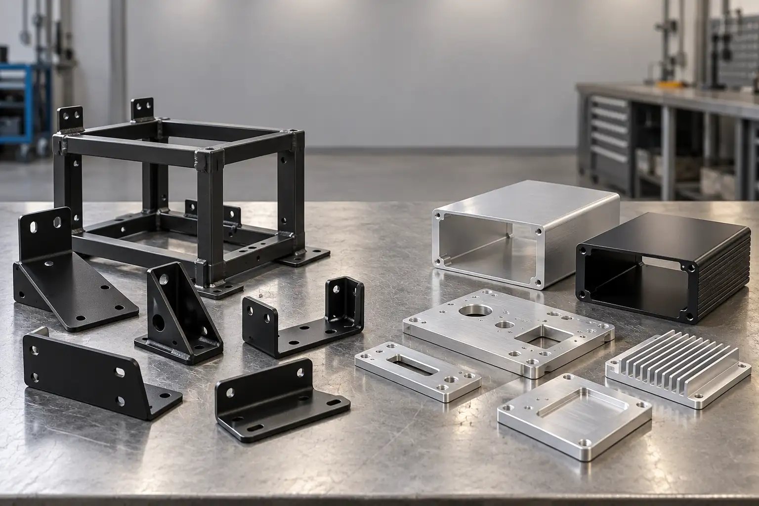 Powder-coated steel brackets next to anodized aluminum parts on a sheet metal fabrication workbench