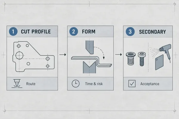 Infographic of how fabricators use 2D drawing geometry to route sheet metal cutting, forming, and secondary operations for quoting