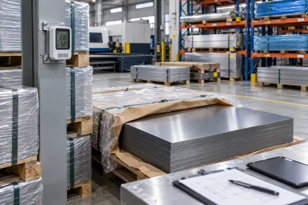Humidity data logger beside sheet metal packs during receiving check