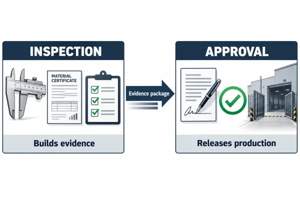 Two-step diagram showing first article inspection creating evidence and first article approval releasing production