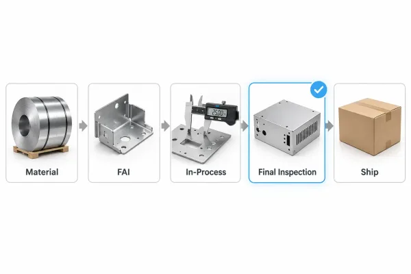 Diagram of manufacturing inspection stages showing first article, in-process, and final inspection before shipment