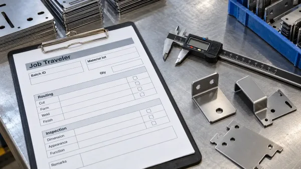 Job traveler with routing and inspection fields documenting a sheet metal production batch
