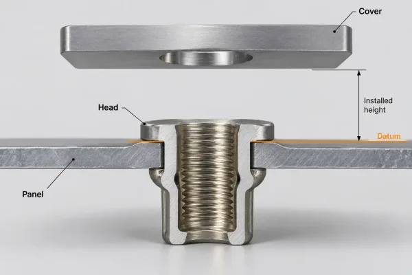 Rivet nut joint stack showing measurement datum and panel reference