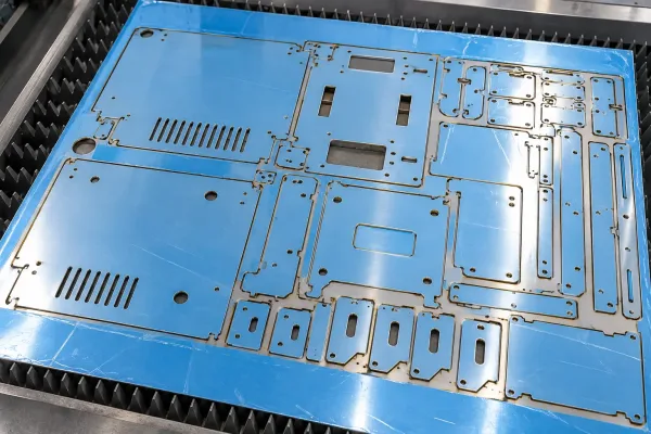 Laser-cut sheet metal blanks nested on blue protective film after cutting