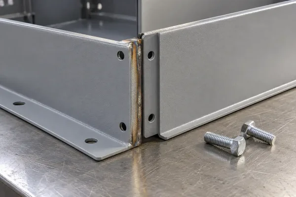 Misaligned hole pattern on a welded sheet metal enclosure rejected at final inspection