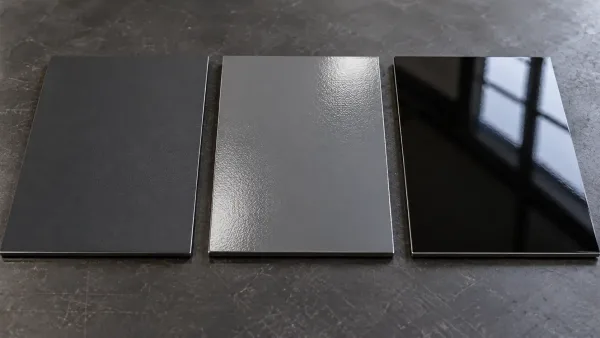 Three coated metal samples showing low, mid, and high gloss finishes