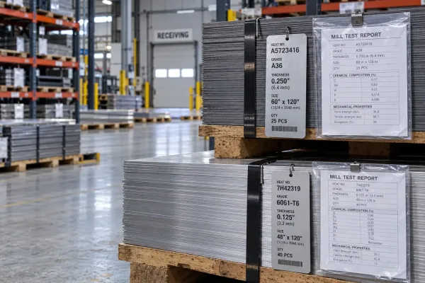 Heat and lot number tags on sheet metal stock linked to mill test report paperwork