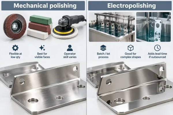 Side-by-side comparison of mechanical polishing and electropolishing for stainless steel low-volume parts